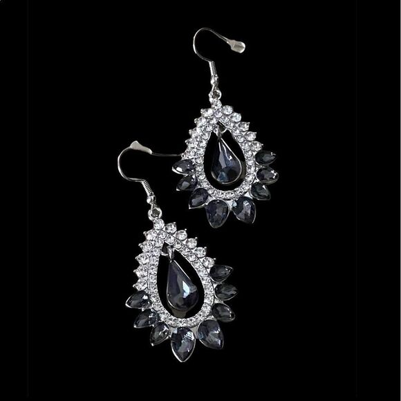 Marquis Shaped Rhinestone Crystal Statement Earrings Fish Hook Style Clear Gray - Picture 4 of 4